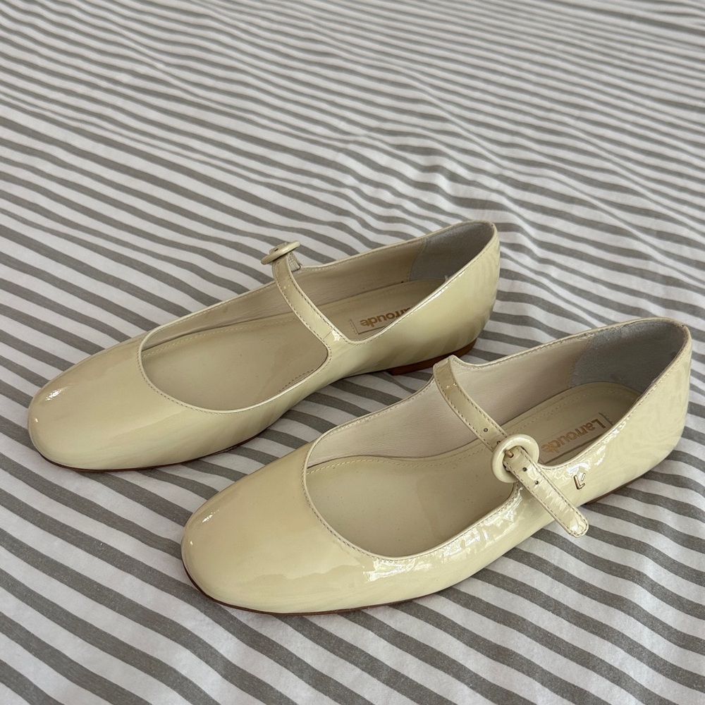 Larroude Cream Patent Leather Mary Jane Flats